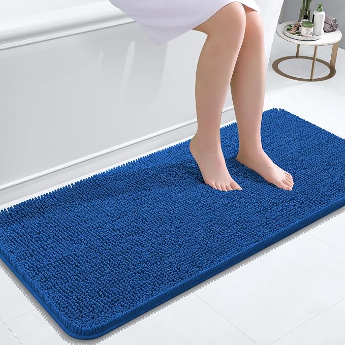 OLANLY Bathroom Runner Rugs 47x20, Extra Soft Absorbent Chenille Bath Rugs | Deep Navy Blue, Quick-Drying Rubber Backing, Machine Washable Long Bath Mat for Bathroom Floor, Tub and Shower, Home Decor