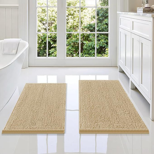 Smiry Chenille Bathroom Rugs Sets 2 Piece (34x21+30x20, Beige) | Soft Absorbent Machine Washable Non Slip Shaggy Bath Rug Set for Tub, Shower, and Floor, Home Decor