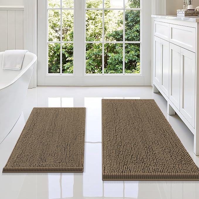Smiry Chenille Bathroom Rugs Sets 2 Piece (36x24+30x20, Camel) | Soft Absorbent Machine Washable Non Slip Shaggy Bath Rug Set for Tub, Shower, and Floor, Home Decor