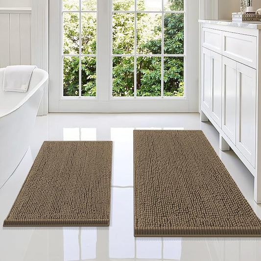 Smiry Chenille Bathroom Rugs Sets 2 Piece (36x24+30x20, Camel) | Soft Absorbent Machine Washable Non Slip Shaggy Bath Rug Set for Tub, Shower, and Floor, Home Decor