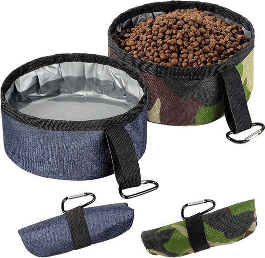 2 Pack Portable Travel Dog Bowl,Camo Green, Dark Blue,40 Oz | Collapsible Travel Dog Dish for Hiking, Waterproof Liner, Includes 2 Carabiner Clips, Fits Small to Large Pets