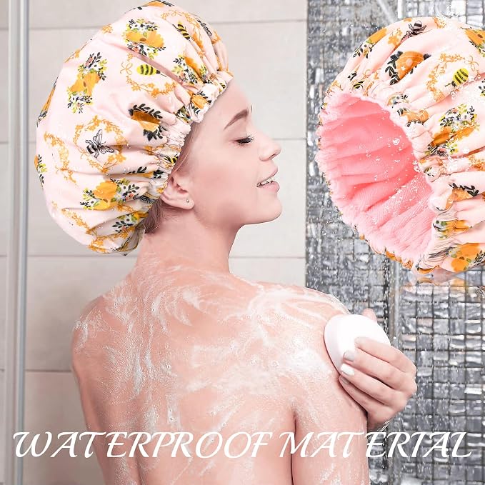 Shower Cap for Women Terry Lined Bee Bath Cap Large Reusable Waterproof Elastic Band Beekeeper Shower Caps for Long Thick Hair Soft Bath Shower Hair Caps