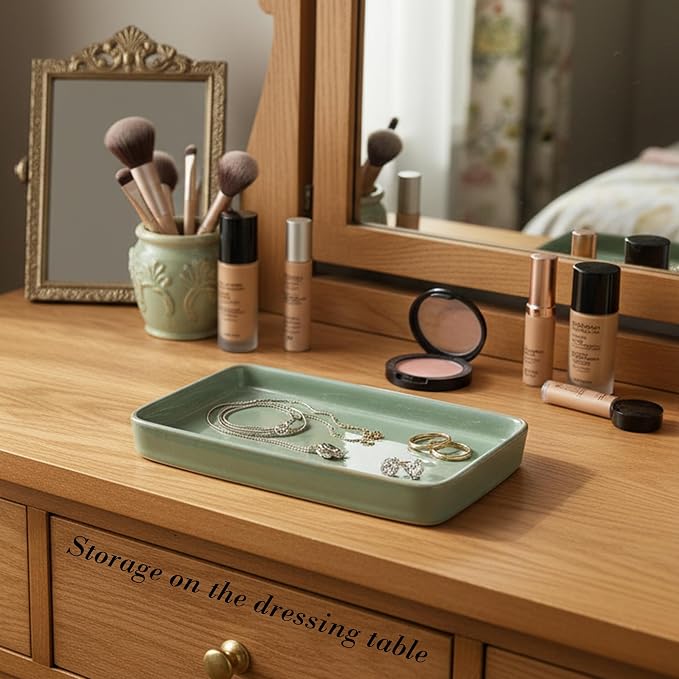 10"×6"×1" Bathroom Vanity Tray for Countertop- Ceramic Decorative Organizer Tray for Dresser Tops, Toilet, Perfume, Sponge Holder Soap Dish Dispenser for Kitchen Counter- Kiln-Transformed Green