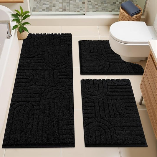 Vaukki Black Bathroom Rugs Sets 3 Piece, 48x20+26x18+24x20 Inch | Washable Non Slip Soft Bath Mats for Shower and Tub, Plush Absorbent Microfiber Toilet Rug U Shaped