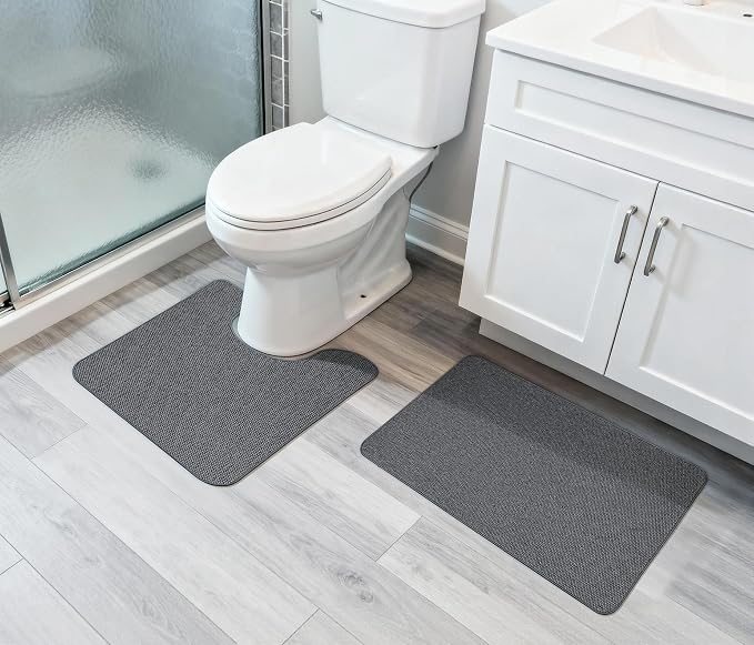 Bosap Bath Mat Set 2 Pieces,Ultra Thin Bathroom Rugs,Rubber Toilet Rugs | Non Slip,Quick Dry,Machine Washable,Low Pile,Absorbent,Shower,Sink,Bathroom Decor.(Dark Grey,17"x27" Plus 20"x24"U Shaped)