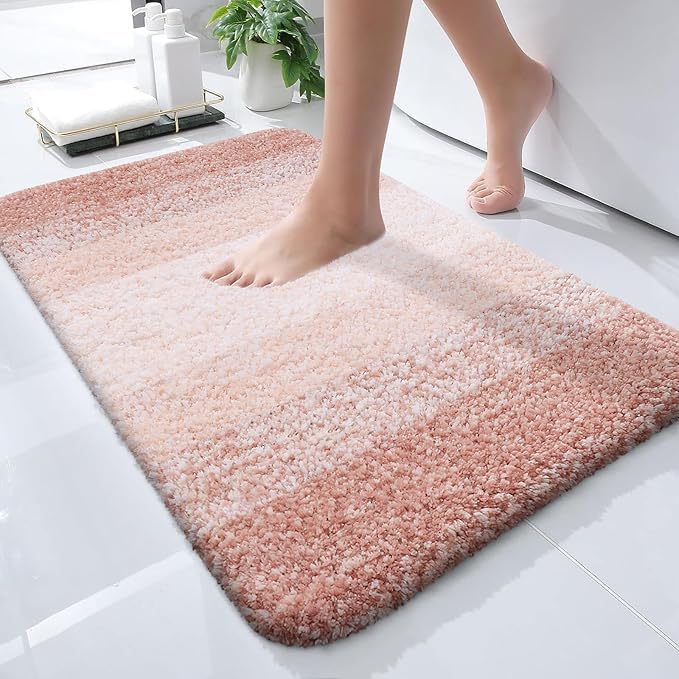 OLANLY Small Bathroom Rugs 28x18, Extra Soft Absorbent Microfiber Bath Rugs | Peach, Non-Slip Quick-Drying Rubber Backing, Washable Plush Bath Mat for Floor, Tub and Shower, Home Decor Accessories