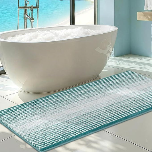Large Bathroom Rugs Runner, 22x60 Striped Bath Mats, Aqua Green | Non Slip Chenille Backing, Extra Soft Absorbent, Quick Dry Machine Washable, Shower Rug for Bathroom Bedroom Decor