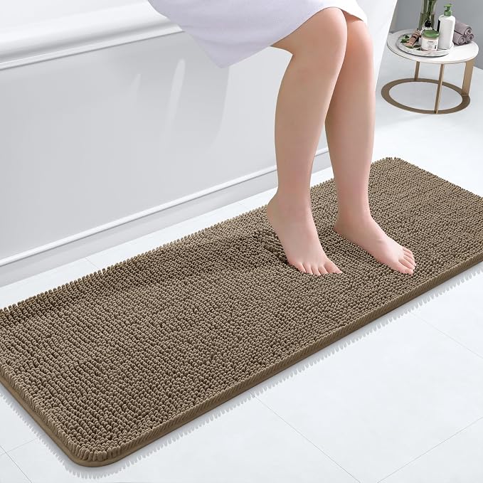 OLANLY Bathroom Runner Rugs 47x17, Extra Soft Absorbent Chenille Bath Rugs | Tan, Quick-Drying Rubber Backing, Machine Washable Long Bath Mat for Bathroom Floor, Tub and Shower, Home Decor Accessories
