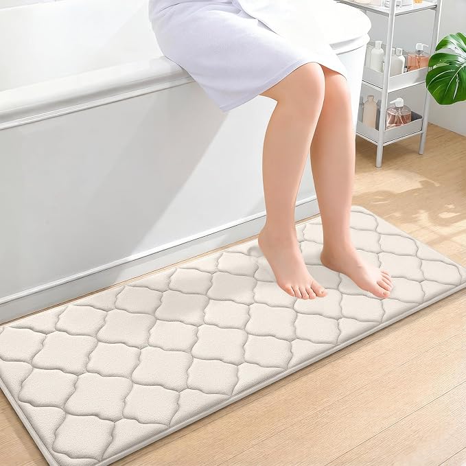OLANLY Memory Foam Bath Mat Rug 47x17, Ultra Soft Bathroom Rugs, Ivory | Thick Absorbent Carpet, Non-Slip Backing, Machine Washable, for Bathroom Floor, Tub, Shower and Home Decor Accessories