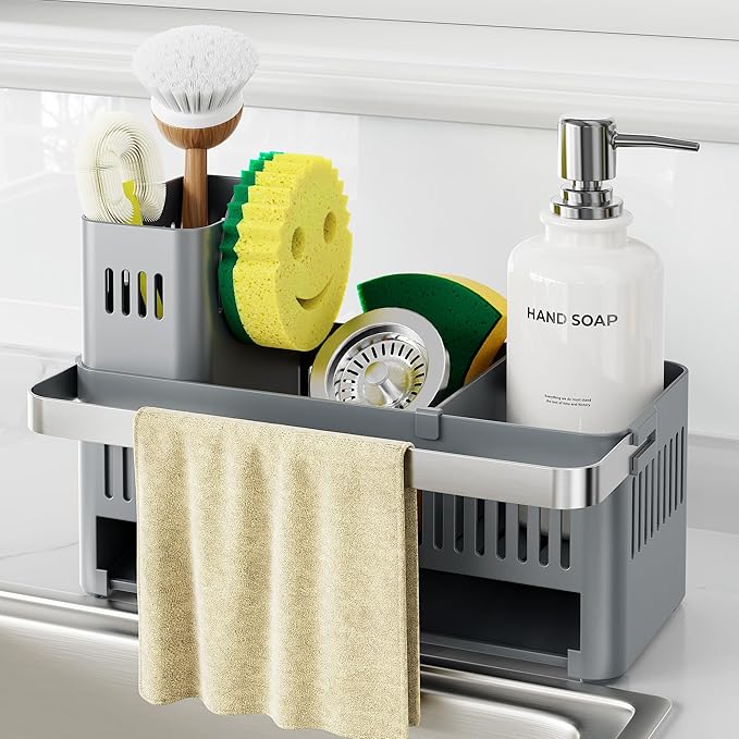 Nieifi Sponge Holder for Kitchen Sink, Sink Caddy with Towel Rack, Dish Sponge Holder, Brush Holder for Kitchen Sink Organizer Storage, Grey