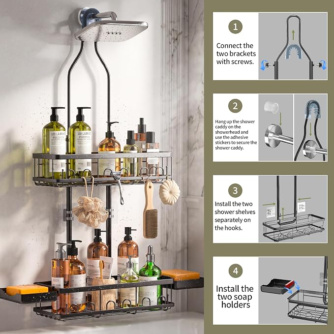 Skyapex Shower Caddy Hanging Over Shower Head, Adjustable, Black | Adjustable height fits tall bottles up to 18 inches; anti-sway design holds 40 lb; quick-drain steel; includes 2 soap trays.