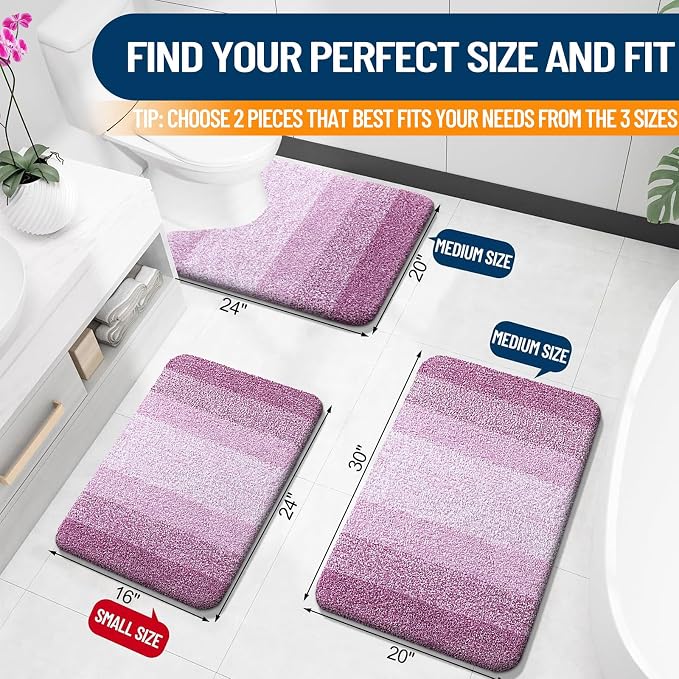OLANLY Micorfiber Bathroom Rug Set 2 Piece, 24"x16"+U-Shaped 24"x20" | Pinkish-Purple, Soft Absorbent Bath Mats and Contour Toilet Rug, Non-Slip, Machine Wash Dry, Plush Bath Mats for Bathroom
