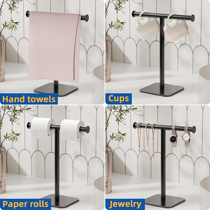 RUACQ T-Shape Hand Towel Holder Stand, 12inch Weighted Base Towel Rack, Countertop Towel Holder for Bathroom, 304 Stainless Steel, Heavy Duty (Matte Black)