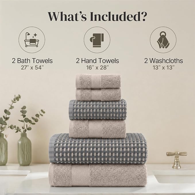 Modern Threads 6 Piece Cotton Bath Towel Set – Ultra Soft 600 GSM Towels – Bathroom Set with Hand Towels and Washcloths – Waffle (Charcoal)