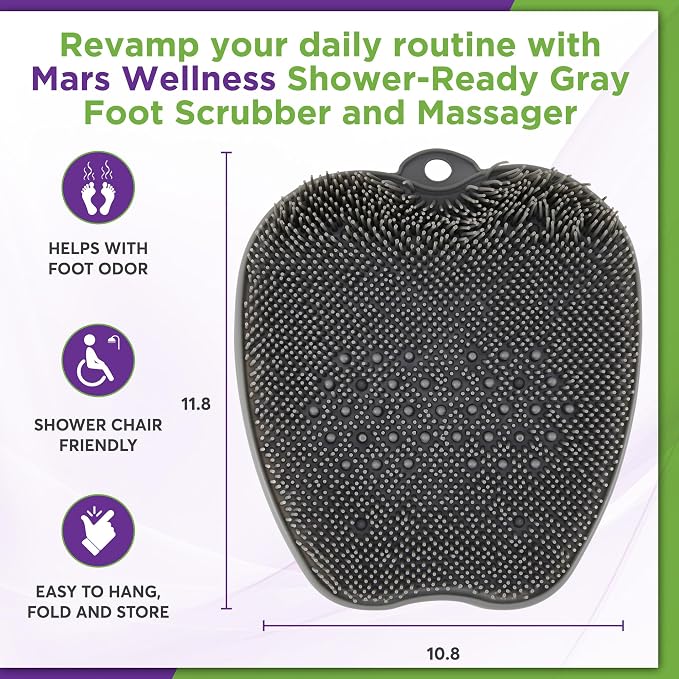 MARS WELLNESS Shower Foot Scrubber and Massager - Foot Scrubber in Shower - Suction Foot Scrubber - Cleaner and Massager Mat - Improves Circulation - Easy to Store - Gray