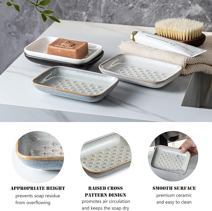 Gomakren Ceramic Soap Dish for Bar Soap 5.5in Cross Soap Saver Tray, Gray | Prevents soggy soap, non-slip bottom, easy to clean, bathroom soap holder, multi-use for sink shower, sponge butter & jewelry