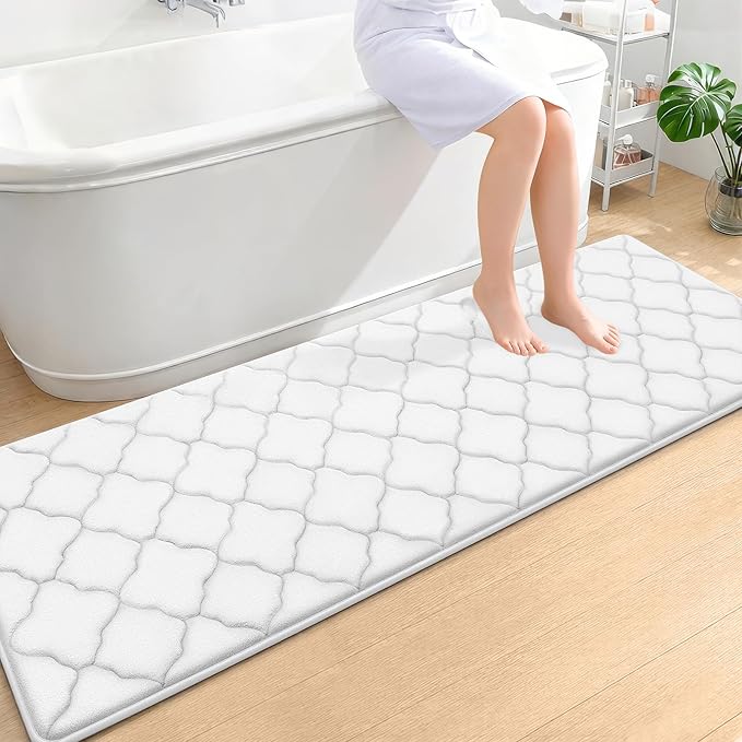 OLANLY Memory Foam Bath Mat Rug 70x24, Ultra Soft Bathroom Rugs, White | Thick Absorbent Carpet, Non-Slip Backing, Machine Washable, for Bathroom Floor, Tub, Shower and Home Decor Accessories