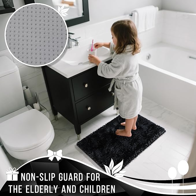 Yimobra Bathroom Rug Set 2 Piece, Luxury Shaggy Bath Mat Set with Non Slip Backing, Ultra Soft & Absorbent Mats for Bathroom Floor, Machine Washable, 44"x24"+24"x17", Black