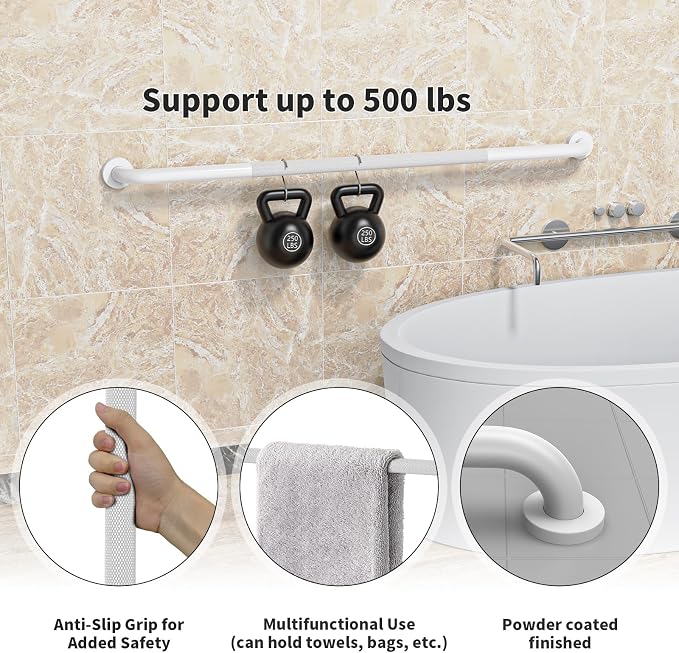 2 Pack 48 Inch Anti Slip Shower Grab Bar Handles, ZUEXT White Stainless Steel Knurled Bathroom Balance Bar, Safety Hand Rail Support,Handicap Elderly Injury Senior Assist Bath Handle(1.25" Diameter)