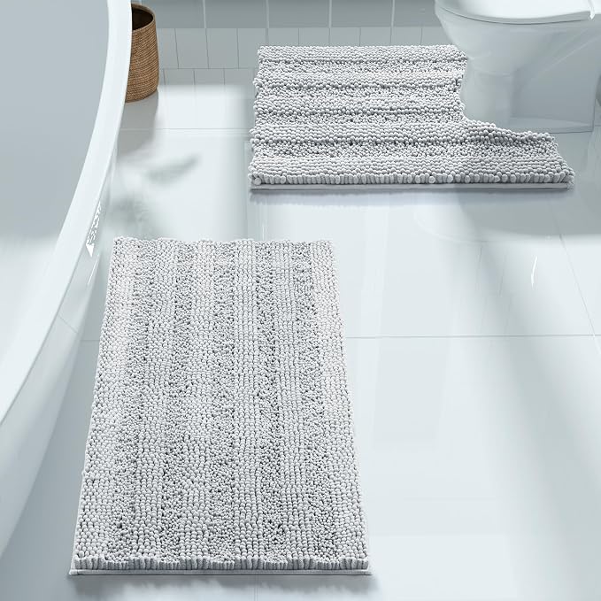 Yimobra U Shaped Toilet Rug Set, Absorbent Chenille, 24x17+24x20, Silver Gray