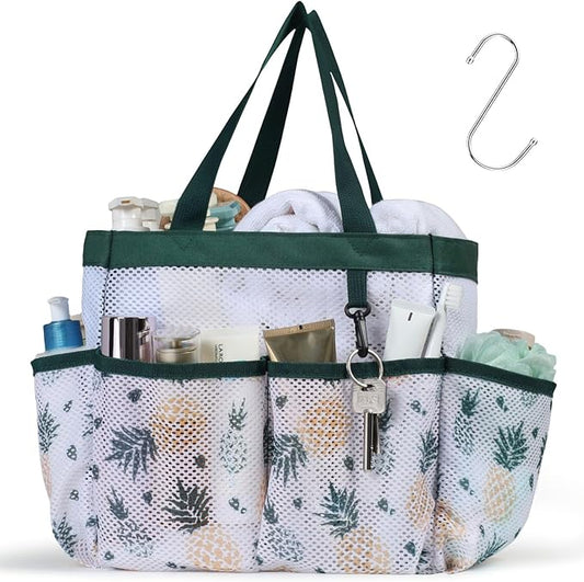 F-color Shower Caddy Portable - Mesh Shower Bag Basket Tote for College Dorm Room Essentials Bathroom Gym Camp Quick Dry for Women Men with S Hook, Green Pineapple
