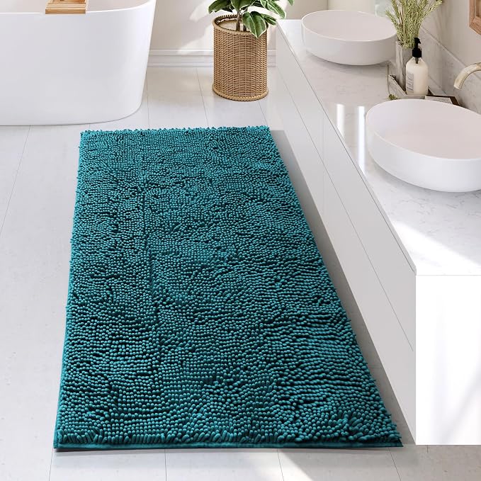 Hearth & Harbor Bathroom Rugs, Chenille Bath Mat - Machine Washable Bath Mats for Bathroom Non-Slip Backing Rubber, Quick Dry Bathroom Mat - Teal Bath Rug, 26x44