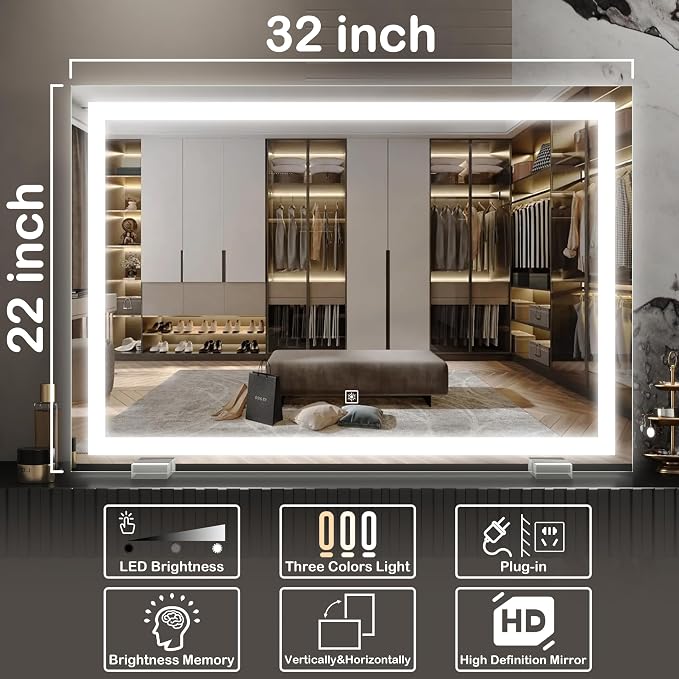FENNIO Makeup Mirror with Lights 32"x22" ，LED Makeup Mirror ，Large Vanity Mirror with Lights，Touch Sensor with Dimmable 3 Modes, Square White