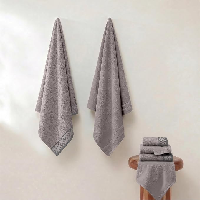Modern Threads 6 Piece Cotton Bath Towel Set – Ultra Soft 550 GSM Towels – Bathroom Set with Hand Towels and Washcloths – Diamond Border (Silver Cloud)