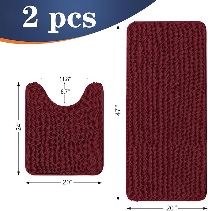 OLANLY Chenille Bathroom Rugs Mats Sets 2 Piece, 47"x20"+24"x20", Burgundy | Soft Absorbent Bath Mat and U-Shaped Contour Toilet Rug Set, Quick Dry, Machine Washable Bath Carpet, Home Decor Accessories