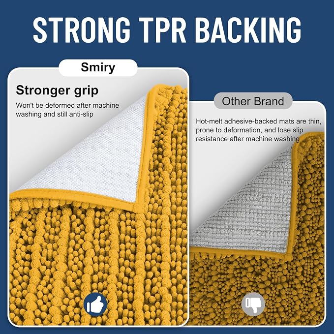 Smiry Bathroom Rugs 44X24, Extra Soft Rubber Backing Chenille Bath Mats | Golden Yellow Machine Washable Non Slip Quick Dry Bath Mats for Bathroom Floor, Tub, Shower, Home Decor Accessories