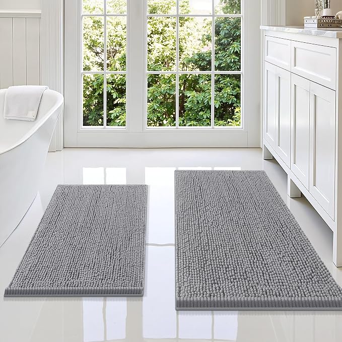 Smiry Chenille Bathroom Rugs Sets 2 Piece (36x24+30x20, Grey) | Soft Absorbent Machine Washable Non Slip Shaggy Bath Rug Set for Tub, Shower, and Floor, Home Decor