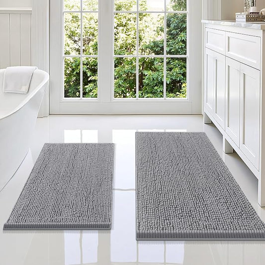 Smiry Chenille Bathroom Rugs Sets 2 Piece (36x24+30x20, Grey) | Soft Absorbent Machine Washable Non Slip Shaggy Bath Rug Set for Tub, Shower, and Floor, Home Decor