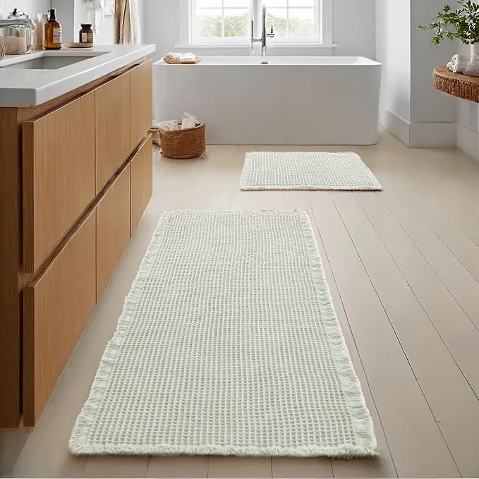 JIUZHEN Set of 2 Waffle Bathroom Rugs Non Slip Bath Mats, 16"x24"+24"x60" | Cream, Boho, Super Absorbent, Washable, Ultra Soft, Fast Drying Bath Rug and Bathroom Runner for Kitchen Hallway Laundry