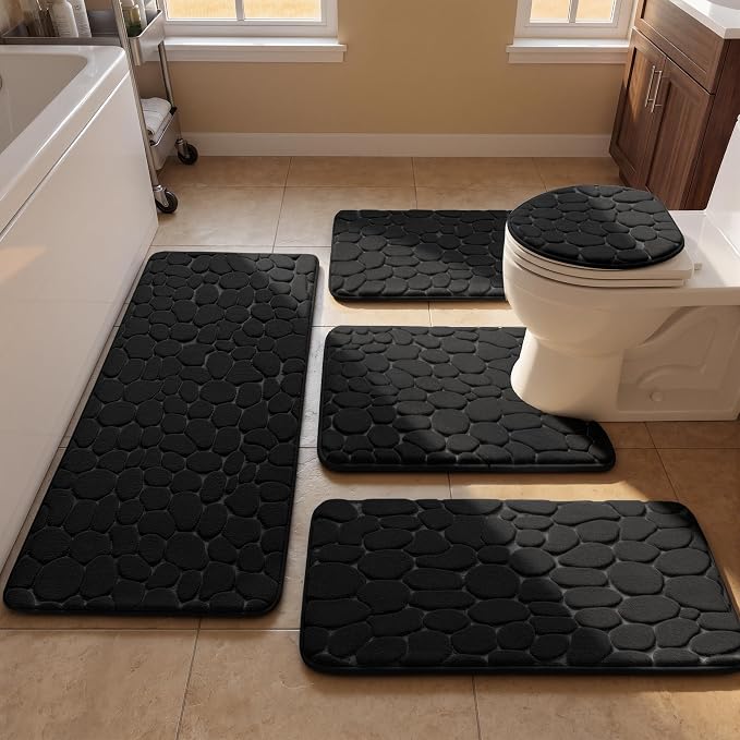 YIHOUSE Bathroom Rugs Mat Set, Memory Foam Bath Mat 5 Piece Black | Non Slip, Water Absorbent, Washable, Bath Mat For Bathroom, Sink and Toilet