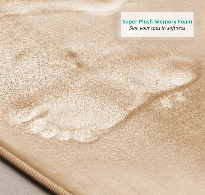 Clara Clark 3 Piece Bathroom Rugs Bath Mat Set, Velvet Memory Foam Bath Mats for Bathroom - Non-Slip, PVC Backing Bath Rugs, Washable - Dries Quickly, Beige