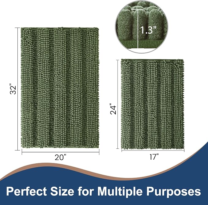 Non Slip Thick Shaggy Chenille Bathroom Rug Sets 2 Piece, Thickened Hot Melt Rubber Bottom Bath Mats for Bathroom, Bath Rugs Quick Dry Machine Washable for Shower (Loden, 32"x20" Plus 17"x24")