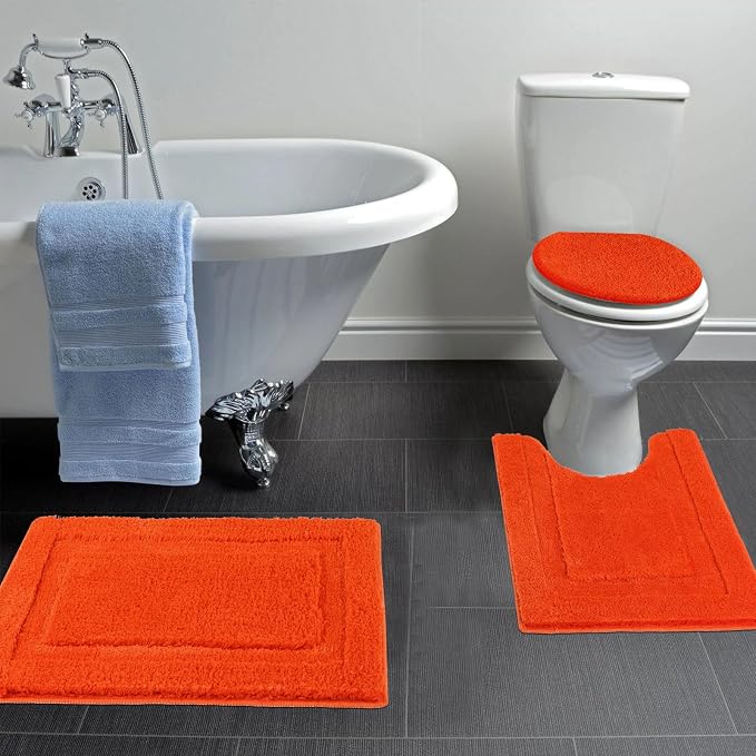 SHACOS Microfiber Bathroom Rugs Sets 3 Piece, Extra Soft Absorbent | Non Slip Bath Rugs Machine Washable Dry Shaggy Bath Mats with Toilet Lid Cover for Bathroom Floor, Tub and Shower (Orange)