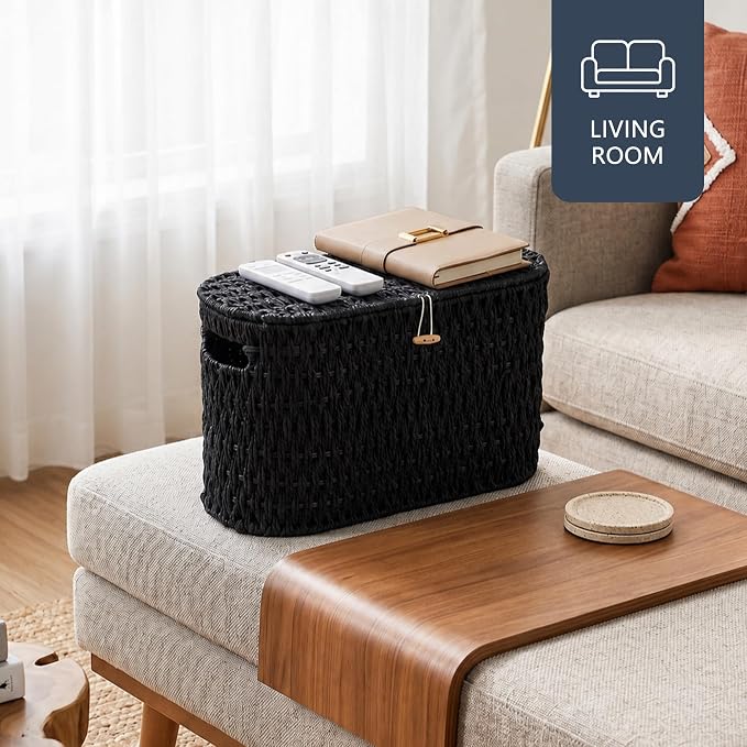 Coeusy Toilet Paper Storage Basket with Lid, Paper Rope Toilet Paper Holder for Up to 6 Mega Rolls, Wicker Basket for Bathroom Accessories Organizer, Boho Hand Woven Rattan Decorative Decor, Black