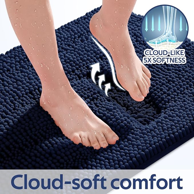 ACCUMTEK Striped Navy Blue Bathroom Rug Mat Set 2 piece 24"x17"+48"x20" Ultra Soft, Non Slip Chenille Bath Rugs, Absorbent Plush Shaggy Bath Mats for Bathroom, Bedroom, Kitchen, Shower, Tub
