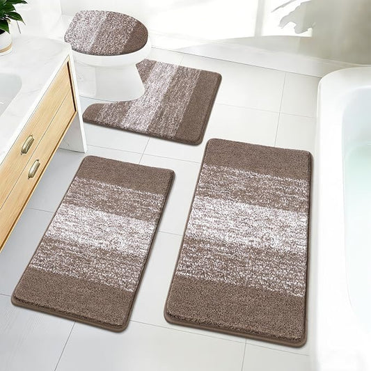Bsmathom Bathroom Rug Set 4 Piece, Plush Microfiber Bath Mat, Coffee | Super Water Absorbent, Non Slip Machine Washable Bath Rug Sets with Toilet Lid Cover and U-shaped Contour Toilet Mat