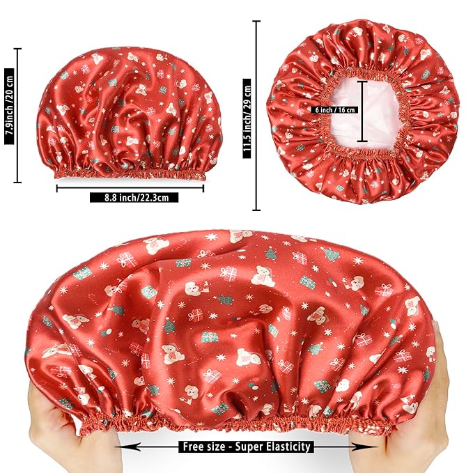 Shower Caps for Women, 4 PCS Reusable Waterproof Bath Cap | Double Layer, Washable, Wide Elastic Band, Holds Long Hair, Caps for Bath Accessories, Spa, Travel Home - Chrismas Pattern