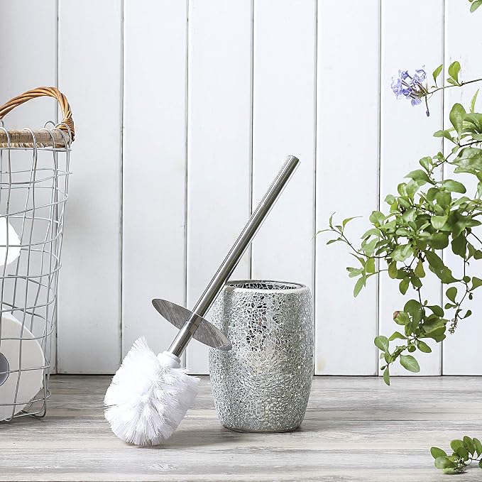 WHOLE HOUSEWARES Modern Toilet Brush Set (Silver) - Glass Mosaic Bathroom Accessory with Sturdy Bristles and Holder