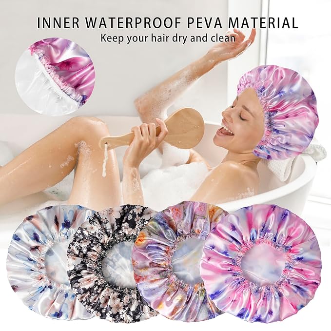 Shower Caps for Women, 4 PCS Reusable Waterproof Bath Cap | Double Layer, Washable, Wide Elastic Band, Holds Long Hair, Caps for Bath Accessories, Spa, Travel Home - Flower C
