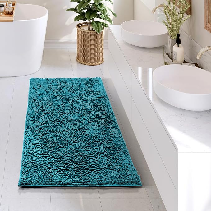Hearth & Harbor Bathroom Rugs, Chenille Bath Mat - Machine Washable Bath Mats for Bathroom Non-Slip Backing Rubber, Quick Dry Bathroom Mat - Teal 24x36
