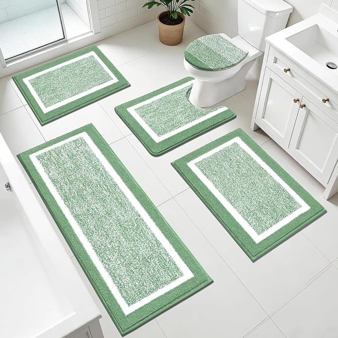 Pauwer Bathroom Rugs Sets 5 Piece, Microfiber Bath Mats, Green | Non Slip Washable U Shaped Toilet Rug, Long Shower Runner, Toilet Lid Cover, Quick Dry Absorbent Plush Floor Carpet