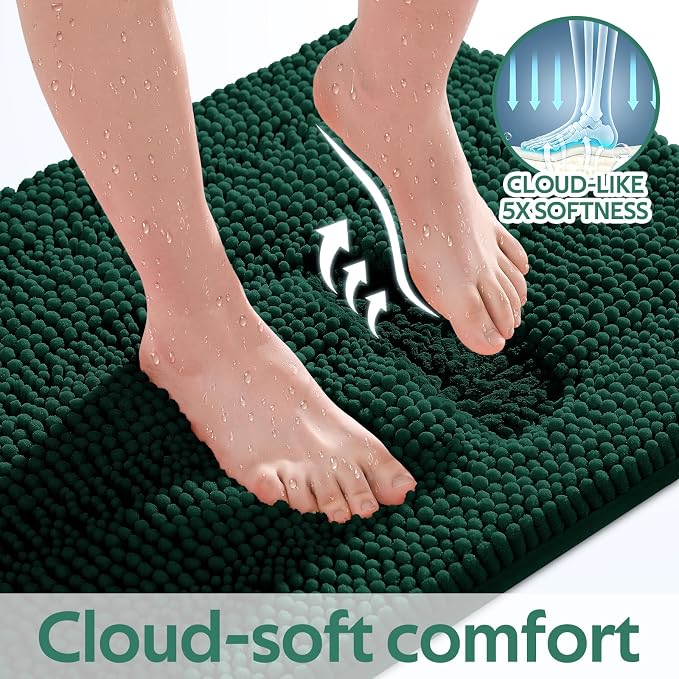 ACCUMTEK Christmas Striped Deep Green Toilet Bathroom Rug Mat Set 2 piece Rug Ultra Soft, Non Slip Chenille Bath Rugs, Absorbent Plush Shaggy Bath Mats for Bathroom, Bedroom, Kitchen, Shower, Tub