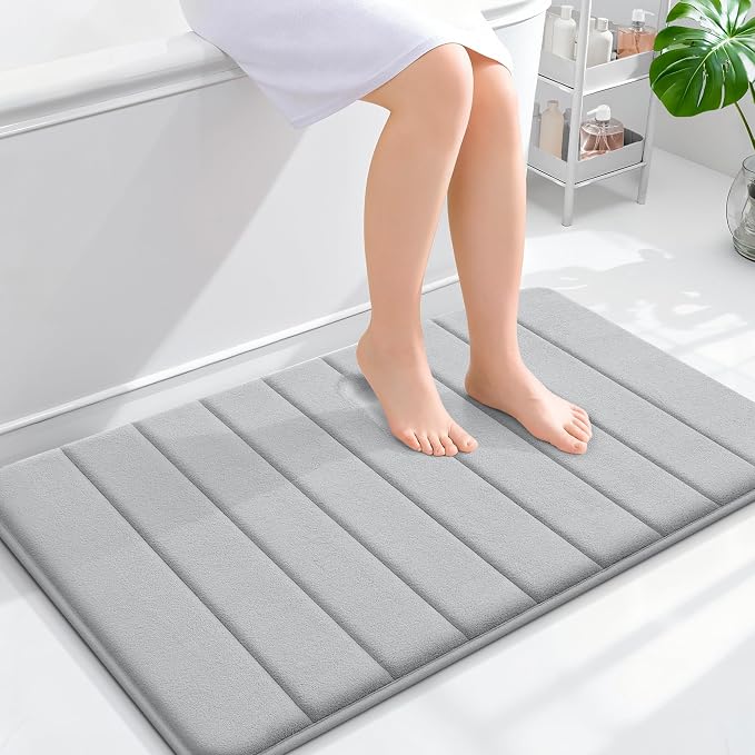 OLANLY Memory Foam Bath Mat 35x24, Super Soft and Absorbent Bathroom Rugs | Light Gray, Quick Dry Bath Rug, Machine Washable Shower Floor Mats, Bathmat Carpet for Bathroom Floor, Tub and Shower