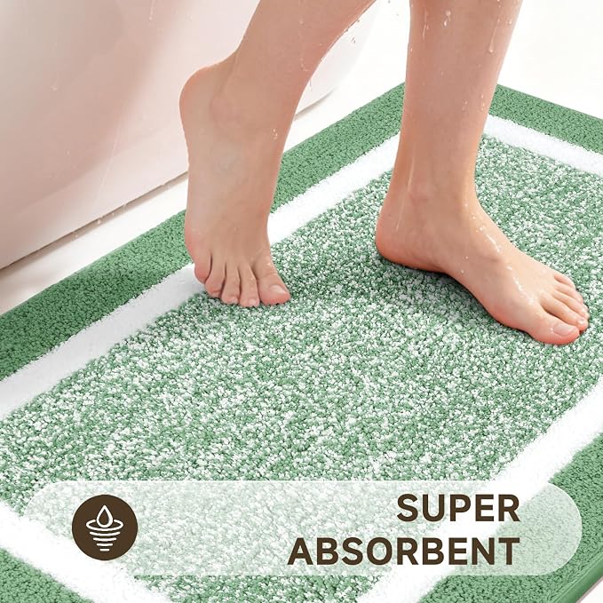 Pauwer Bathroom Rugs Sets 5 Piece, Microfiber Bath Mats, Green | Non Slip Washable U Shaped Toilet Rug, Long Shower Runner, Toilet Lid Cover, Quick Dry Absorbent Plush Floor Carpet