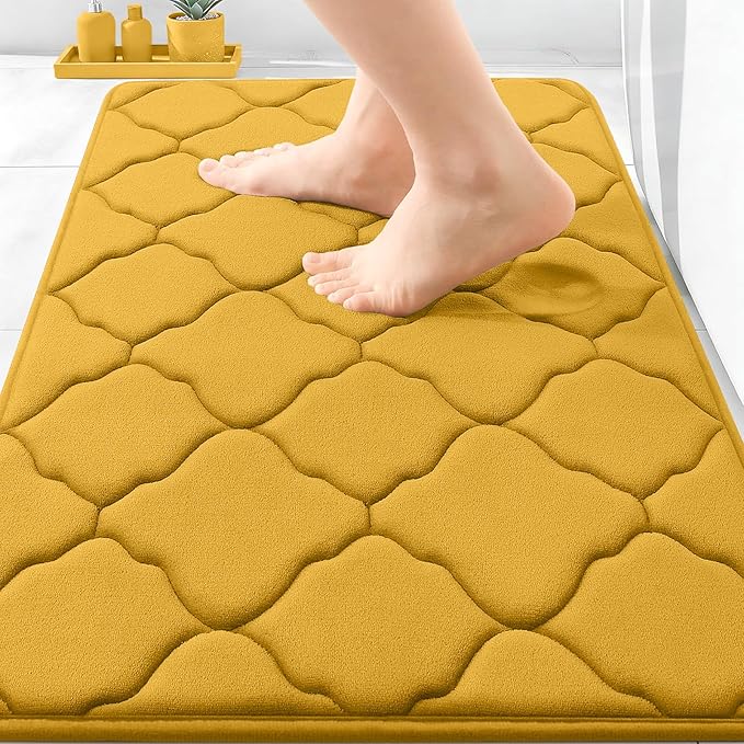 OLANLY Memory Foam Bath Mat Rug 30x20, Soft and Absorbent Bathroom Rugs, Non-Slip, Comfortable, Machine Washable Bath Carpet for Bathroom Floor, Tub, Shower and Home Decor Accessories, Yellow | Thick Absorbent Carpet, Non-Slip Backing, Machine Washable...