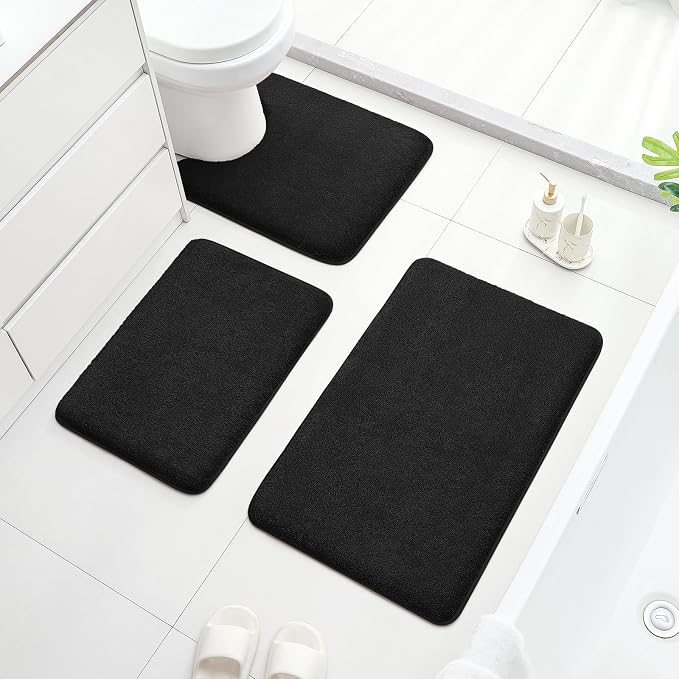 HOMEIDEAS 3 Piece Bathroom Rugs Set, Black 17"x24"+20"x32"+20"x24" | Memory Foam, Ultra Soft, Super Absorbent Bath Mats, Non Slip Backing, U Shaped Toilet Rug for Bathroom, Tub and Shower